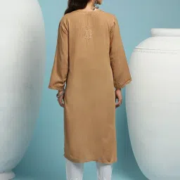 House of Chikankari Brown Cotton Embroidered Straight Kura image 2