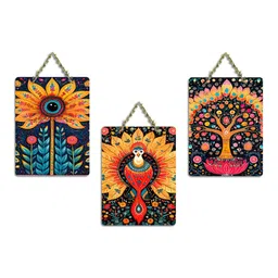 ArtVibes Yellow & Blue 3 Pieces Folk Printed Wooden Wall Hanging Decors image 5