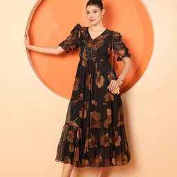Antheaa Embellished Floral Printed Puff Sleeves Chiffon Fit & Flare Midi Dress image 3