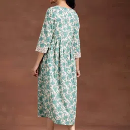 Libas Beige & Green Cotton Printed A-Line Dress image 2