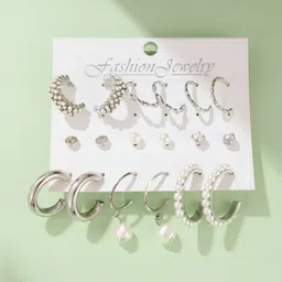 DressBerry Set Of 9 Artificial Stones Studded Pearls Beaded Spherical Hoop Earrings-image-58