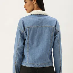 Flying Machine Women Blue Solid Denim Jacket With Faux Fur Detailing image 4