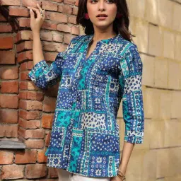 Rain and Rainbow Blue Cotton Printed Straight Kurti image 3