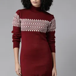 Roadster Geometric Print High Neck Acrylic Mini Jumper Dress-image-32