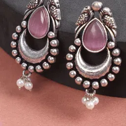 PUJVI Silver-Toned Artificial Stones Studded Contemporary Drop Earrings-picture-28