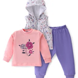 Babyoye Eco Conscious 100% Cotton Full Sleeves Hooded Winter Wear Suits With Floral Print - Pink & Purple-image-92