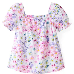 Babyhug Rayon Woven Half Sleeves Top with Smocking Detailing & Floral Print - White & Pink-picture-26