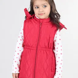 Babyhug Sleeveless Solid Colour Jacket with Removable Hood &  Pocket Detailing - Red-image-82