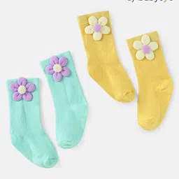 Babyoye Cotton Knit Socks with Floral Applique Pack of 2 - Yellow & Light Green-image-24