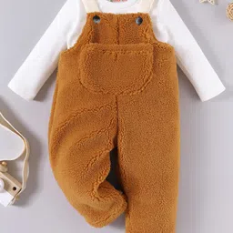 Kookie Kids Fur Full Length Dungaree Style Jumpsuit& Full Sleeves T-Shirt with Pocket Detailing - White & Brown-picture-13