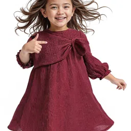 Babyhug Cotton Woven Full Peasant Sleeves Solid ColourFrock with Bow Detailing - Maroon-picture-10