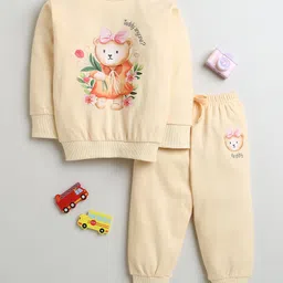 BUMZEE Cotton Full Sleeves Teddy Bear Printed Coordinating Sweatshirt & Joggers Set - Peach-picture-13