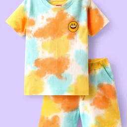 Babyhug Single Jersey Knit Half Sleeves T-Shirt & Shorts Set with Tie Dye & Smiley Print - Yellow & Orange-picture-36