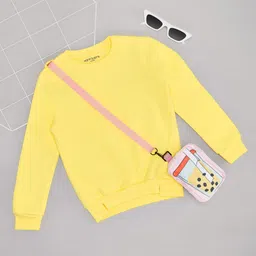 Pantaloons Junior Full Sleeves Solid Sweatshirt With Boba Tea Designed Fanny Bag - Yellow-image-33