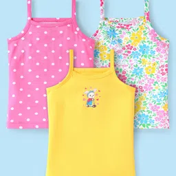 Babyhug 100% Cotton Single Jersey Knit Sleeveless Slips With Polka Dots & Floral Print Pack Of 3 - Pink Yellow & White image 1