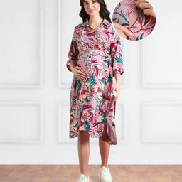 Bella Mama Viscose Woven Three Fourth Sleeves Shirt Maternity Dress With Floral Print - Pink-picture-38