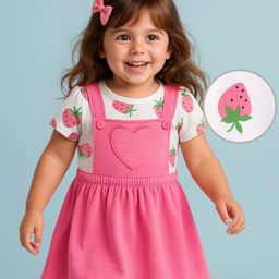 Doodle Poodle Cotton Knit Frock & Half Sleeves Inner Tee With Strawberry Print & Heart Patch - Pink & White-picture-13