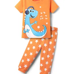 Babyhug Cotton Knit Half Sleeves Night Suit With Dino & Star Print - Orange-picture-28