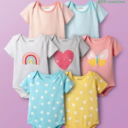 Babyoye 100% Cotton Knit Half Sleeves Onesies with Stripe Design Polka Dot Heart Butterfly & Rainbow Print Pack of 7 - Multicolor-picture-15