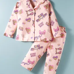 Smarty Girls Sinker Knit Full Sleeves Co-Ord Nightsuit With Gaming Theme Print - Pink-picture-11