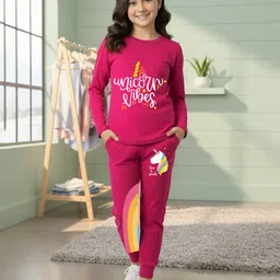KUCHIPOO Cotton Blend Knit Full Sleeves Unicorn Vibes Text Printed Tee & Joggers Set - Pink-picture-19