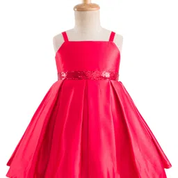 Babyhug Satin Woven Full Sleeves Party Fress with Shrug Bow & Sequin Detailing - Red image 2