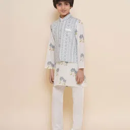 AJ Dezines Full Sleeves Shadow Striped Embellished Floral & Abstract Ethnic Pattern Motif Printed Kurta Pajama & Jacket Set - Grey image 4