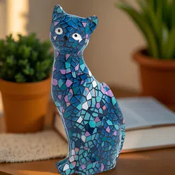 Golden Peacock Blue & Pink Mosaic Cat Showpiece-image-89