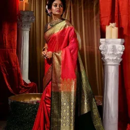 House Of Begum Red Zari Weaved Kanjivaram Saree With Blouse Piece With Stone Work image 2