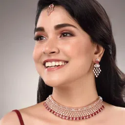 Saraf RS Jewellery Rose Gold Plated White & Red AD Studded Choker Jewellery Set with Earrings & tika image 2