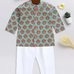 VASTRAMAY Boys Green & Pink Printed Full Sleeves Kurta Sets image 2