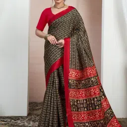 Satrani Black Silk Blend Printed Saree With Unstitched Blouse-image-40