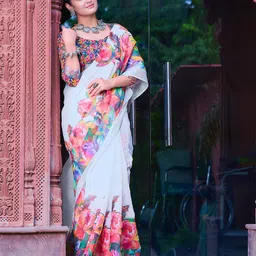 Anouk Floral Zari Linen Blend Saree image 4