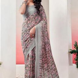 Satrani Grey Printed Saree With Unstitched Blouse-picture-7