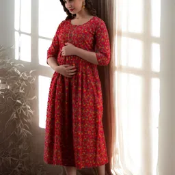 Vaidiki Women Maternity Plus Size Floral Printed Flared Cotton Ethnic Dress-picture-36