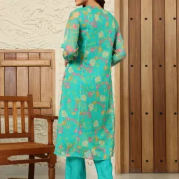 W Blue Cotton Printed A Line Kurta image 2