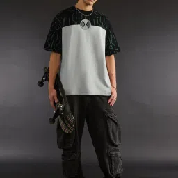 The Souled Store Grey & Black Loose Fit Colour-Block T-Shirt image 2