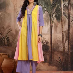 Sangria Colorblocked Lace Inserts Mirror Work Pure Cotton A-Line Kurta with Trousers image 4