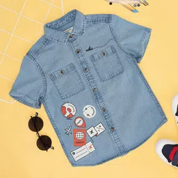 Pantaloons Junior Half Sleeves Travel Theme Printed Denim Style Shirt - Clear Sky-picture-17
