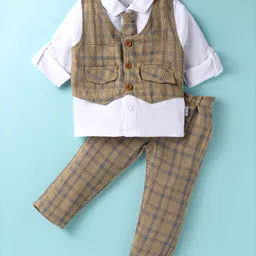 Child World Cotton Knit Full Sleeves Checkered 3 Piece Party Suit with Tie - Olive Green-picture-27