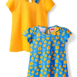 Babyhug Single Jersey Knit Half Sleeves Dresses with Floral Print & Bow Applique Pack of 2 - Yellow & Blue-picture-24