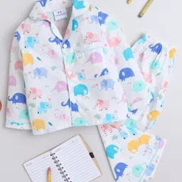 Knitting Doodles Pure Cotton Woven Full Sleeves Baby Elephant Printed Coordinating Night Suit Set - Light Beige-picture-39