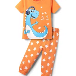 Babyhug Cotton Knit Half Sleeves Night Suit With Dino & Star Print - Orange-picture-30