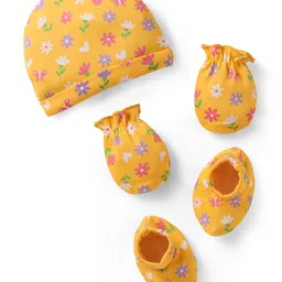 Babyhug 100% Cotton Knit Cap Mittens & Booties With Floral Print Yellow - Circumference 30 cm-picture-13