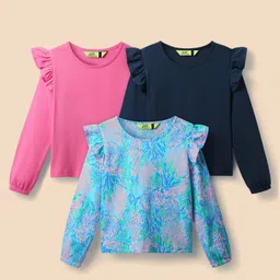 Tiara 100% Cotton Jersey Knit Pack Of 3 Full Puffed Sleeves Solid & Leaves Printed Top - Pink Sky & Navy Blue-picture-26