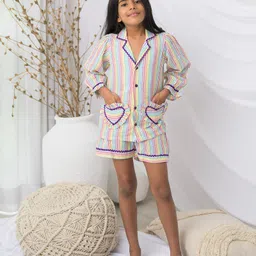 Fairies Forever Cotton Woven Full Sleeves Striped Coordinating Shirt & Shorts Night Suit Set - Multi Colour-picture-16