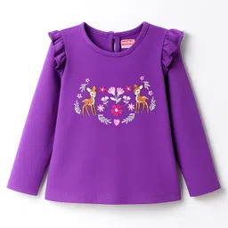 Babyhug 100% Cotton Knit Full Sleeves Top with Floral & Deer Embroidery - Purple-picture-20