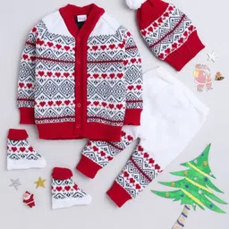 Little Angels Wool Knit Full Sleeves Heart & Abstract Designed Cardigan Pant Cap & Socks Set - White & Red-picture-16