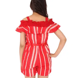 Cutecumber Half Sleeves Frill Neck Line Detailed Balanced Striped & Polka Dot Printed Cold Shoulder Jumpsuit - Red image 4