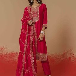 House of Pataudi Embroidered Sequinned V-Neck Straight Kurta With Trousers & Dupatta-picture-41